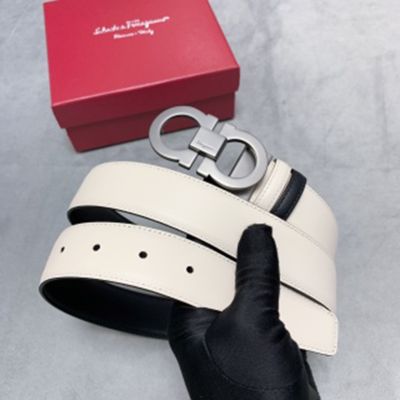 1:1 Ferragamo  Khaki&Black Leather Belt  with Silver Logo buckle Plate  Buckle 3.5cm